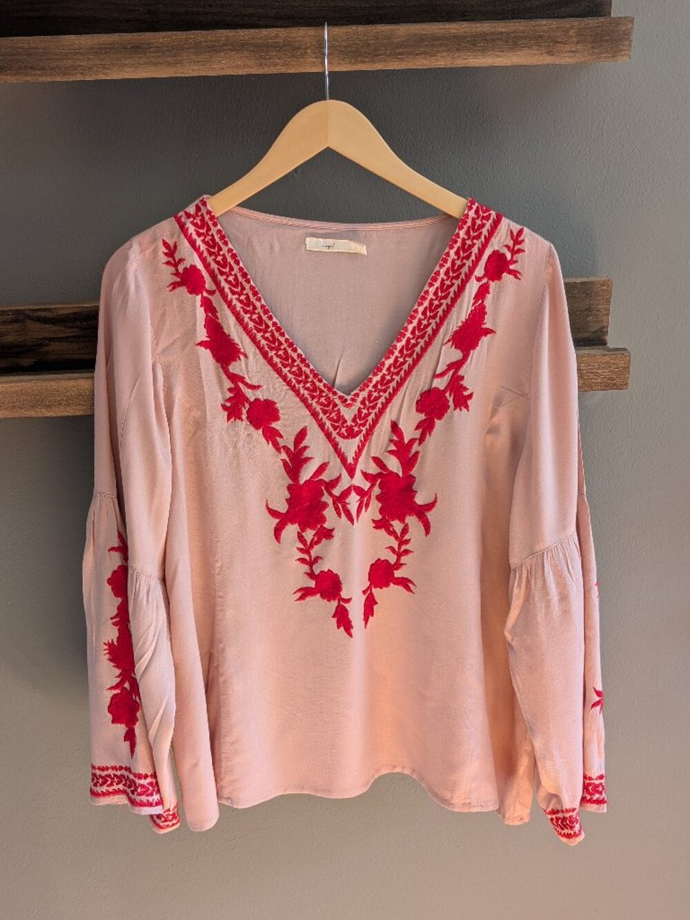 Hazel Boho Embroidered Peasant Blouse Pink Red Size Large Festival